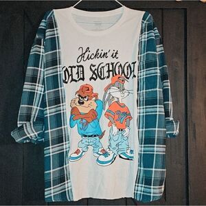 Reworked Tshirt Top Y2k Unisex Fit Size XL Custom Sewn Graphic Flannel Cartoon
